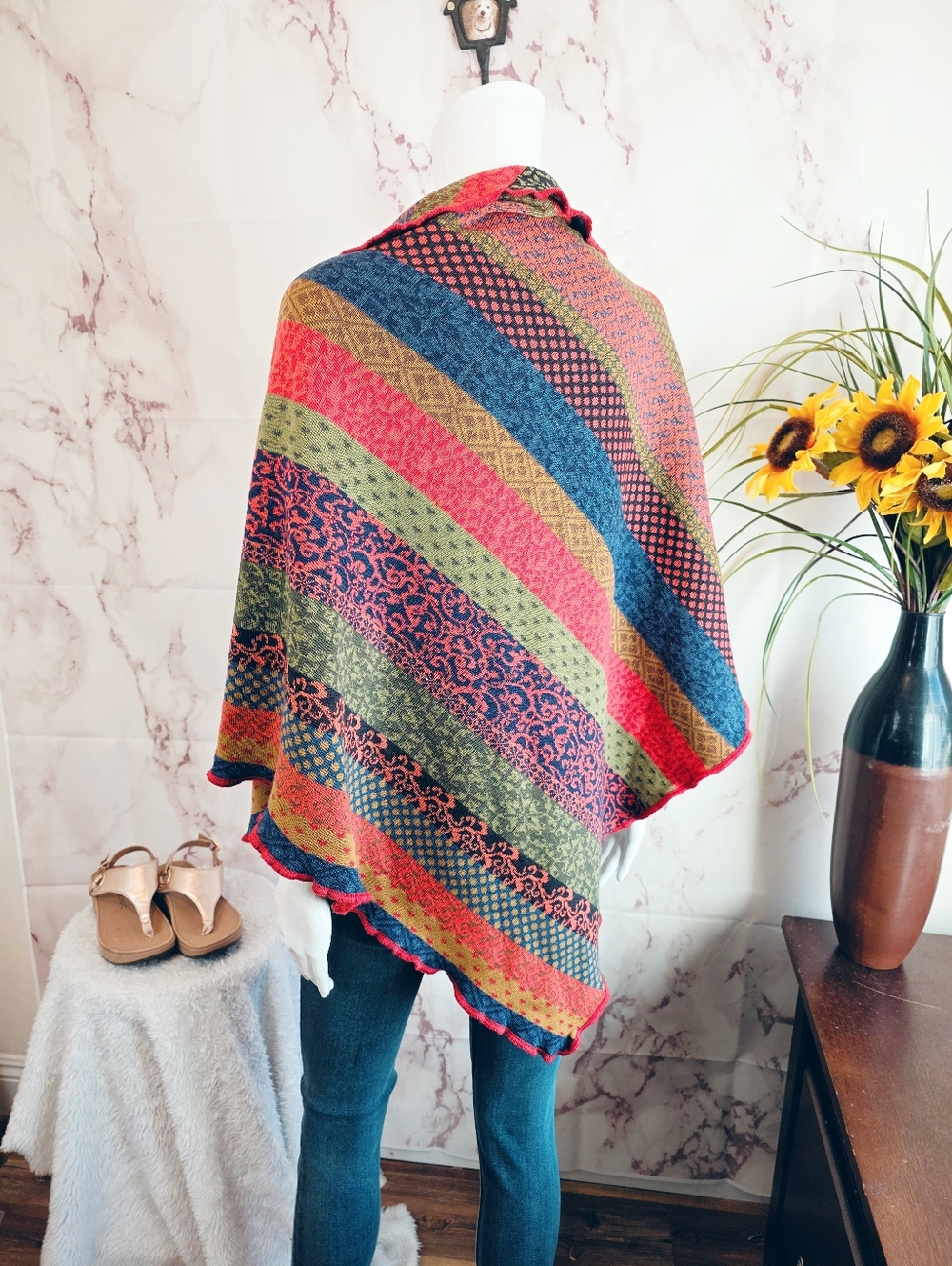 Invero Merino Wool Shawl Wrap One Size German Knit Colorful Boho - Picture 6 of 7